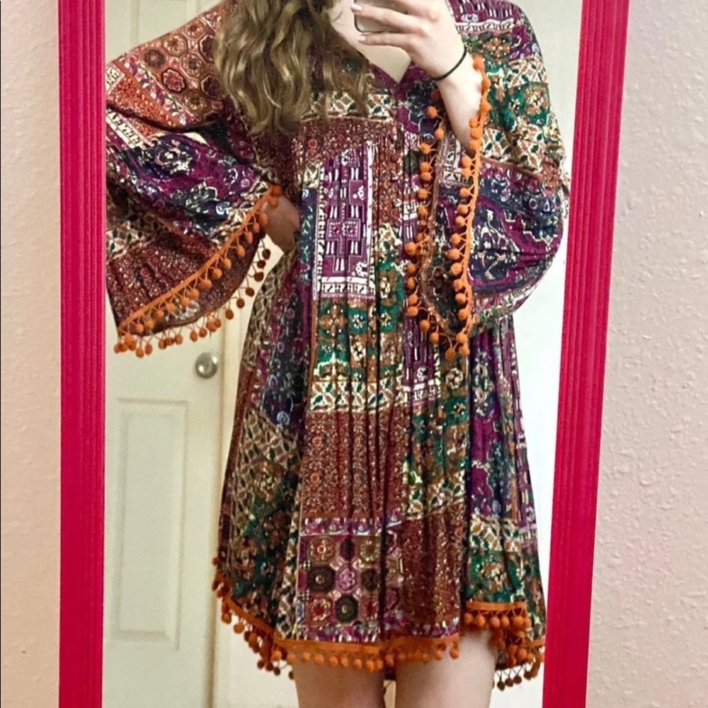 Umgee Tribal Boho Tunic Dress with Pompoms